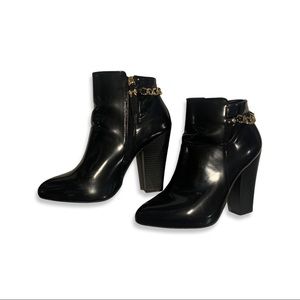Betseyville by Betsey Johnson Black Ankle Heeled Gold Chain Booties